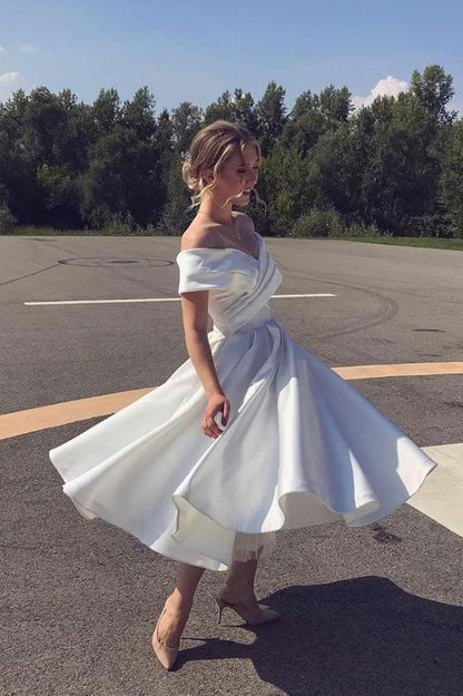 A Line Ankle Length Homecoming Dress, Ivory Off-Shoulder Satin Short Wedding Dress GM400