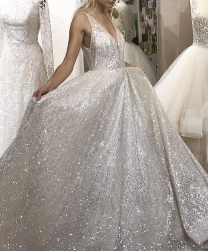 Vestidos de novia brillantes con escote en V, sin mangas, sin espalda y largos hasta el suelo, vestidos de fiesta