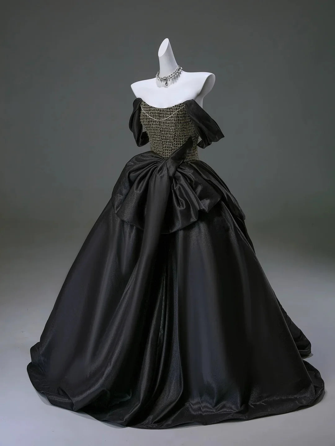 Luxurious Black Off the Shoulder Satin Long Ball Gown Prom Dress SH1863