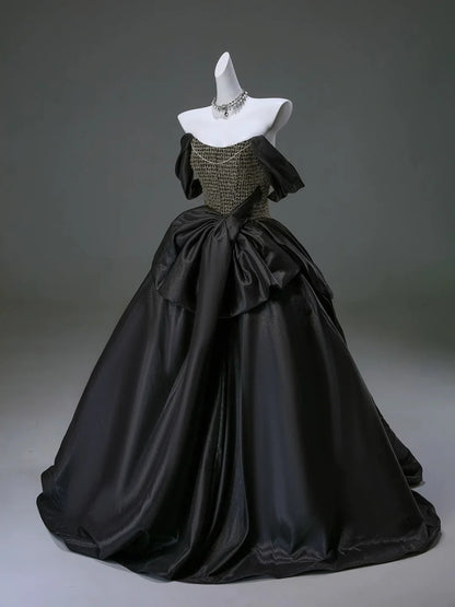Luxurious Black Off the Shoulder Satin Long Ball Gown Prom Dress SH1863