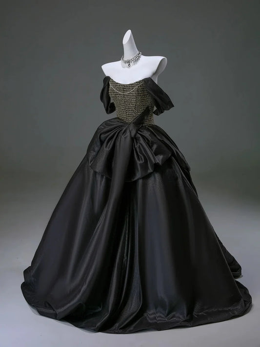 Luxurious Black Off the Shoulder Satin Long Ball Gown Prom Dress SH1863