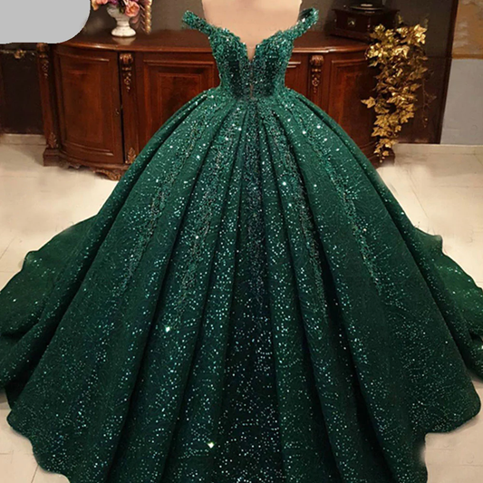 Vestido de novia verde oscuro con apliques llamativos, vestidos de quinceañera con lentejuelas