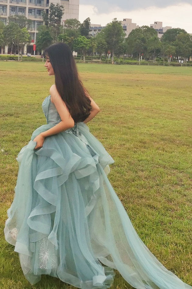 Charming Spaghetti Straps Tulle Dusty Green Long Prom Dress, Glitter Formal Party Dress GP508