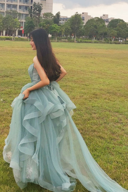 Charming Spaghetti Straps Tulle Dusty Green Long Prom Dress, Glitter Formal Party Dress GP508