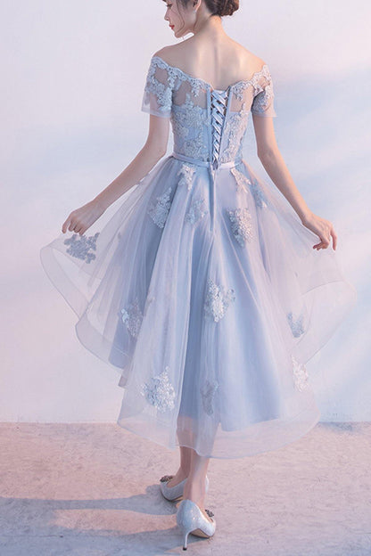 Off-the-shoulder Dusty Blue High Low Homecoming Dress Tulle Short Prom Dress GM450