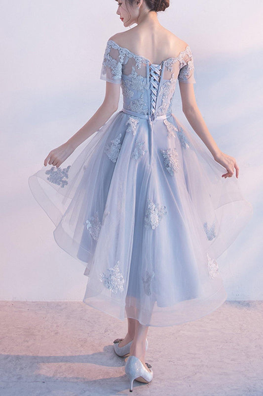 Off-the-shoulder Dusty Blue High Low Homecoming Dress Tulle Short Prom Dress GM450