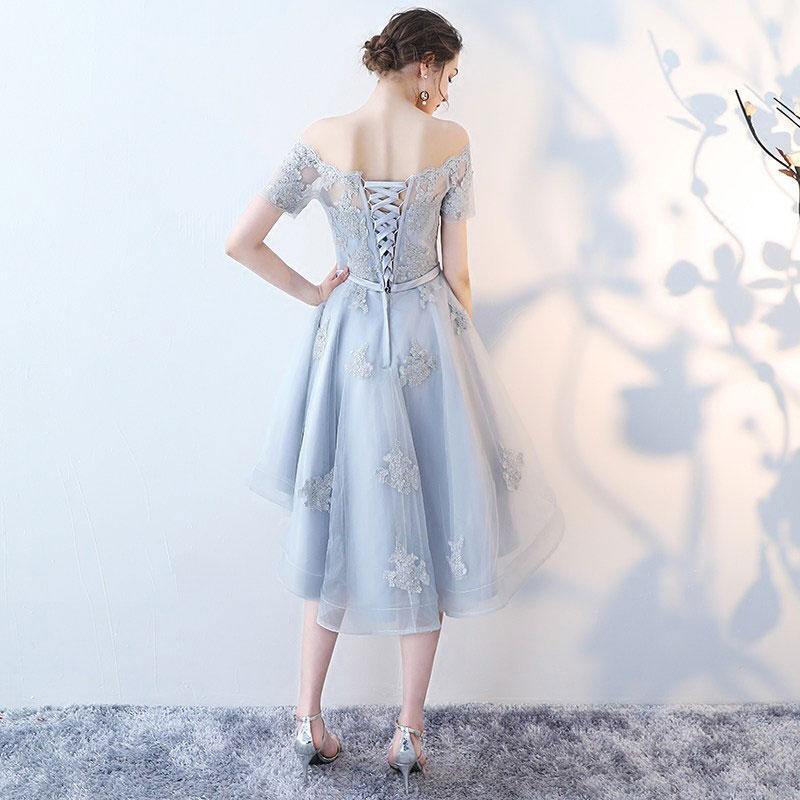 Off-the-shoulder Dusty Blue High Low Homecoming Dress Tulle Short Prom Dress GM450