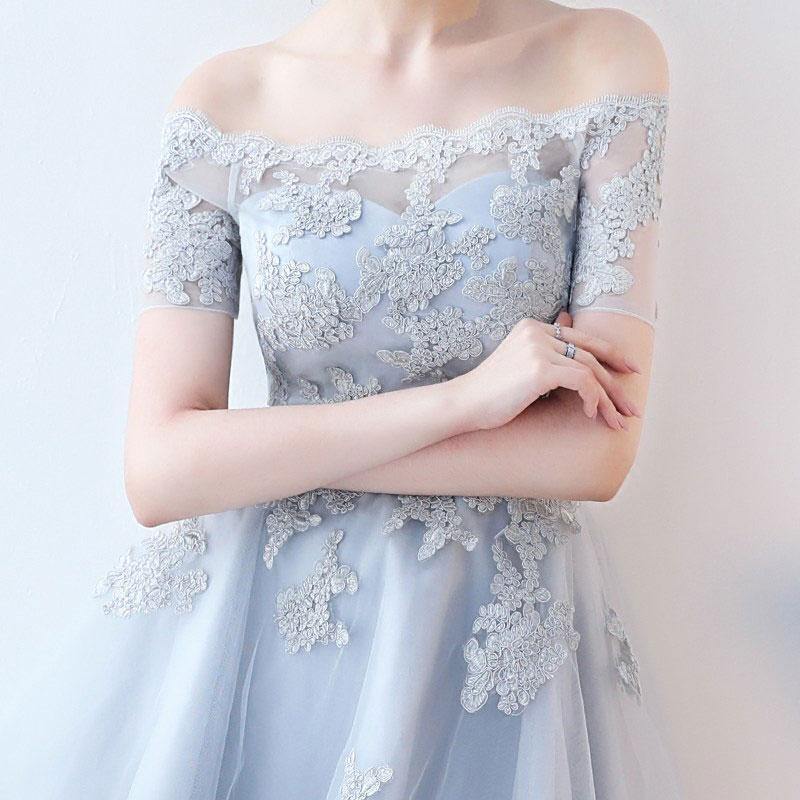 Off-the-shoulder Dusty Blue High Low Homecoming Dress Tulle Short Prom Dress GM450