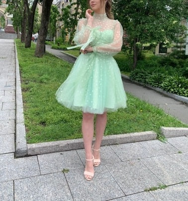 Vestidos de fiesta cortos de tul verde claro, vestido de fiesta de bienvenida de manga larga 