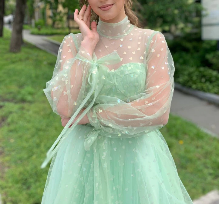 Vestidos de fiesta cortos de tul verde claro, vestido de fiesta de bienvenida de manga larga 