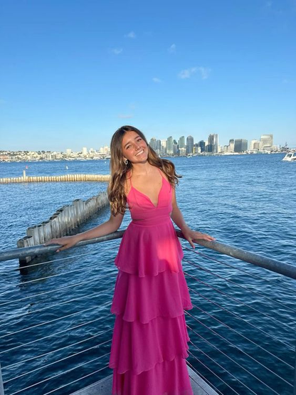 Vestido largo de satén en forma de A, color rosa intenso, para fiesta de graduación