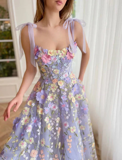 Elegant A-Line Corsets Dress Wedding Guest Summer Tea Length Sleeveless Prom Dress Scoop Neck Bridesmaid Dress Tulle with Appliques DP251