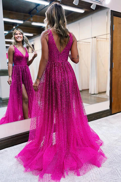 Sparkly Plunging High Split Prom Dress, Beading Formal Evening Dress GP546