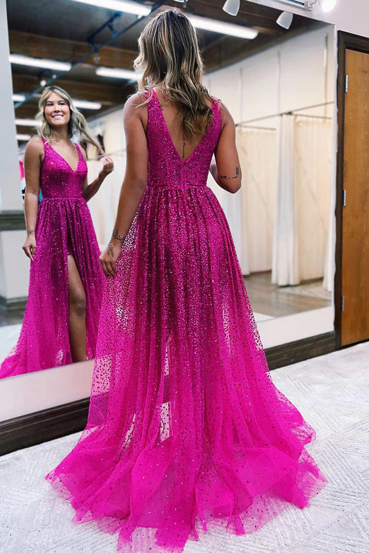 Sparkly Plunging High Split Prom Dress, Beading Formal Evening Dress GP546