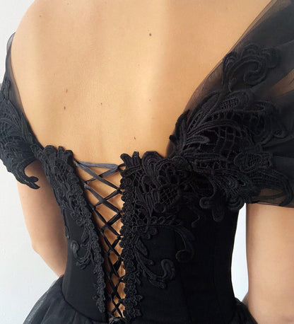 Vestido de fiesta de tul con corsé gótico negro de princesa, elegante vestido formal negro