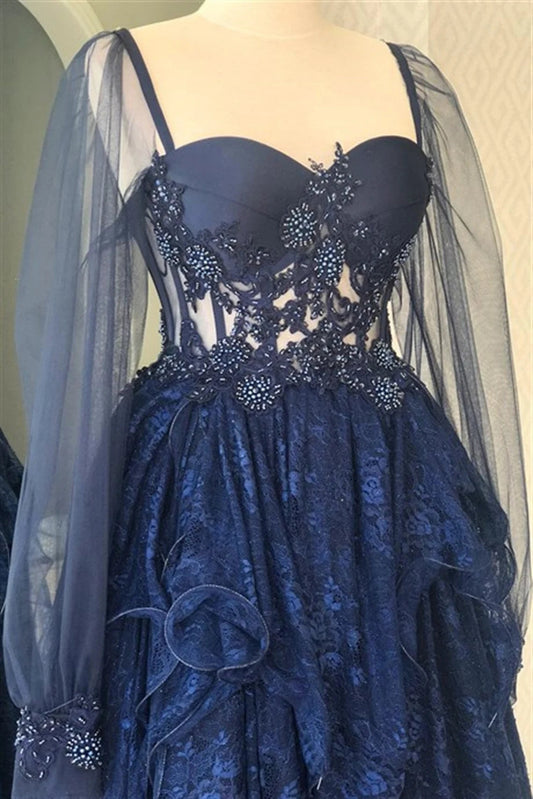A line Lace Navy Blue Prom Dresses Long Sleeves Formal Evening Dresses GP507