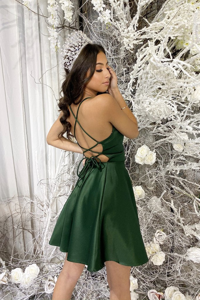 Vestido de fiesta verde sencillo, corto y sin espalda, azul marino, para graduación y regreso a casa.