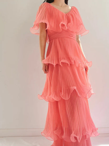 Coral Pink Layered Chiffon A Line V Neck Simple Long Party Dress Evening Dress 18 Birthday Dress SH3627