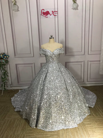 Silver Gorgeous Shiny Off-shoulder Sequin Long Princess Floor-length Ball Gown Evening Dress Wedding Dress gh3445