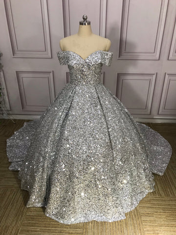 Silver Gorgeous Shiny Off-shoulder Sequin Long Princess Floor-length Ball Gown Evening Dress Wedding Dress gh3445