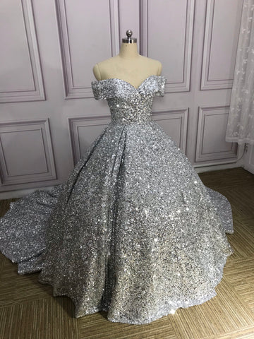 Silver Gorgeous Shiny Off-shoulder Sequin Long Princess Floor-length Ball Gown Evening Dress Wedding Dress gh3445
