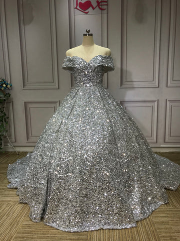 Silver Gorgeous Shiny Off-shoulder Sequin Long Princess Floor-length Ball Gown Evening Dress Wedding Dress gh3445