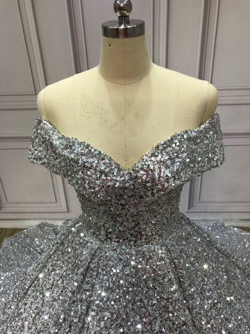 Silver Gorgeous Shiny Off-shoulder Sequin Long Princess Floor-length Ball Gown Evening Dress Wedding Dress gh3445