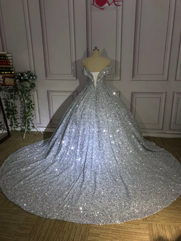 Silver Gorgeous Shiny Off-shoulder Sequin Long Princess Floor-length Ball Gown Evening Dress Wedding Dress gh3445
