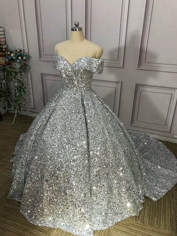 Silver Gorgeous Shiny Off-shoulder Sequin Long Princess Floor-length Ball Gown Evening Dress Wedding Dress gh3445