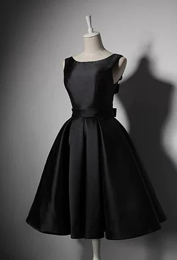 Black elegant cute simple knee-length mid-length satin homecoming dress prom dress evening dress party dress gh188