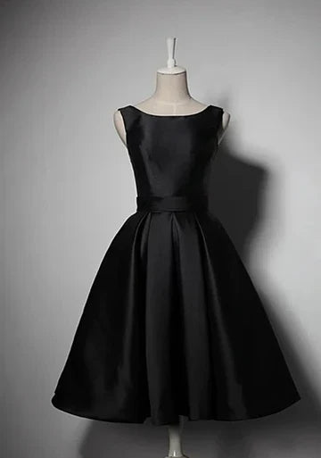 Black elegant cute simple knee-length mid-length satin homecoming dress prom dress evening dress party dress gh188