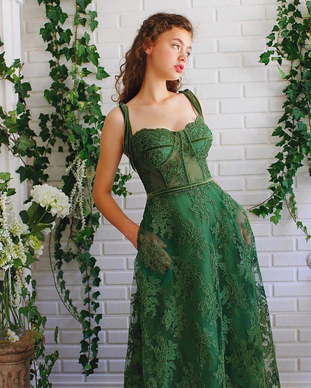 A Line Sweetheart Green Lace Long Prom Dress,WP321