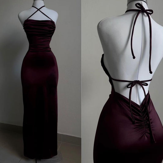 Vestido de fiesta largo de tubo rojo vino sin espalda, vestido de gala formal