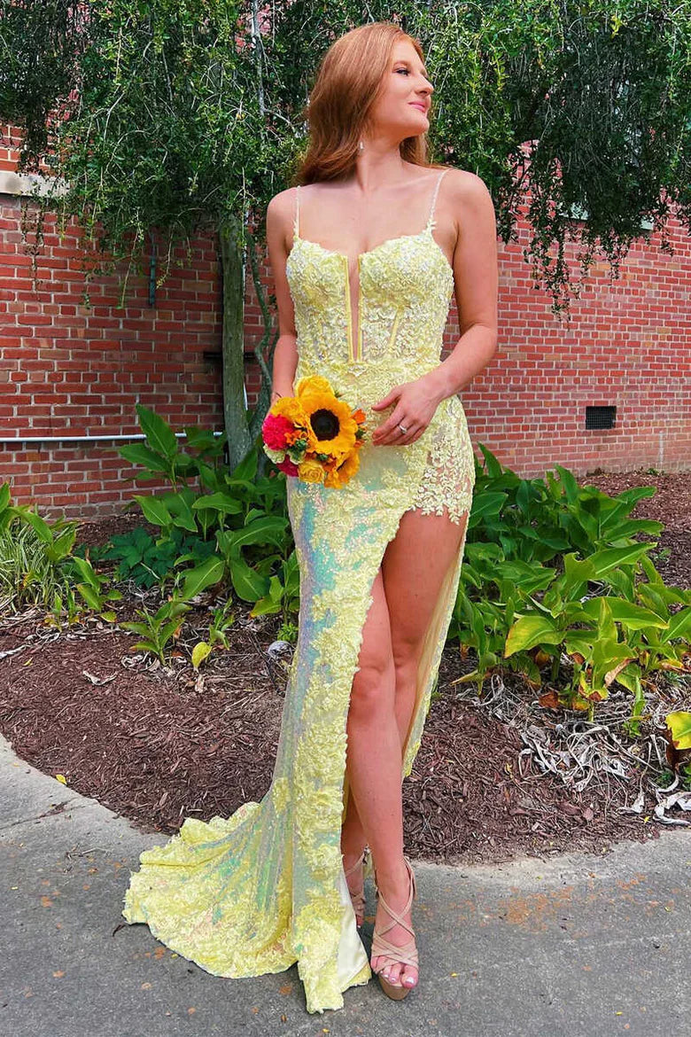 Yellow Sheath V-neck Appliques Sequins Prom Dress With Slit SH1650