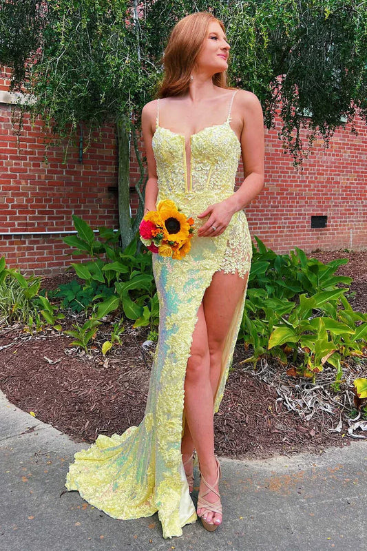 Yellow Sheath V-neck Appliques Sequins Prom Dress With Slit SH1650