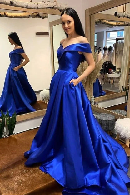 Vestido de fiesta largo de satén con escote en V, sencillo, azul rey.