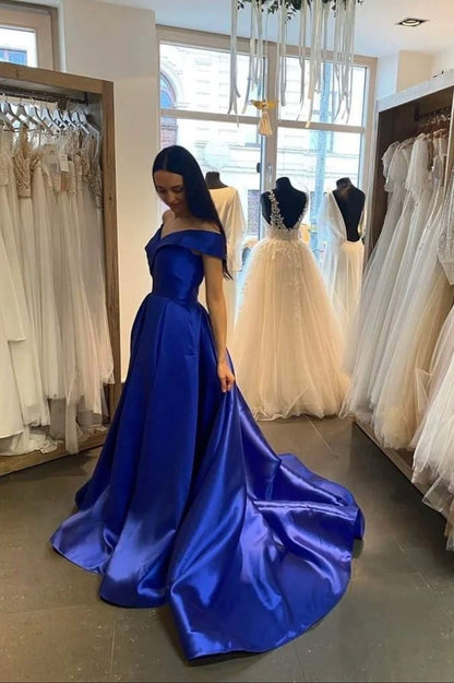 Vestido de fiesta largo de satén con escote en V, sencillo, azul rey.