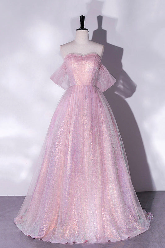 Vestido de fiesta largo de tul rosa con lentejuelas, vestido formal de graduación de corte A