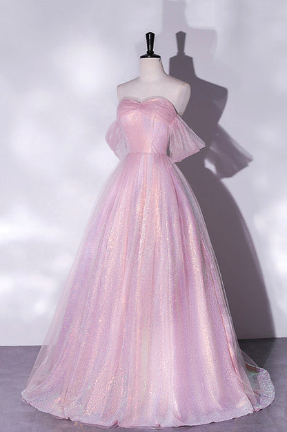 Vestido de fiesta largo de tul rosa con lentejuelas, vestido formal de graduación de corte A