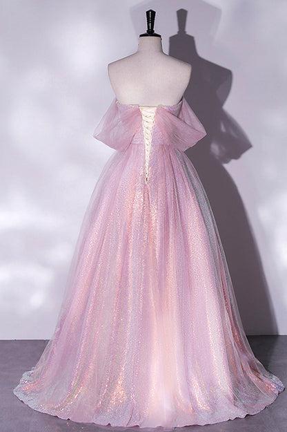Vestido de fiesta largo de tul rosa con lentejuelas, vestido formal de graduación de corte A