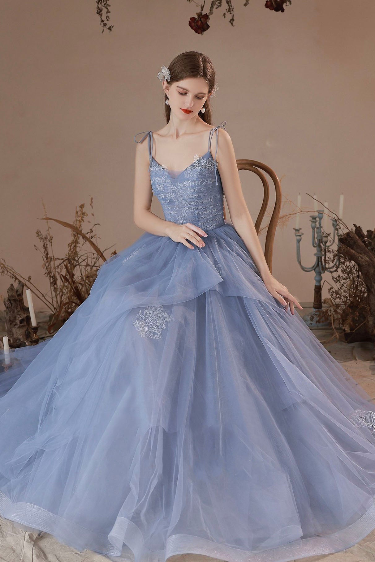 Blue Spaghetti Straps Lace Long Formal Dress, Blue A-Line Evening Party Dress