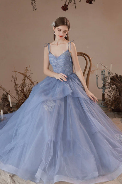Blue Spaghetti Straps Lace Long Formal Dress, Blue A-Line Evening Party Dress