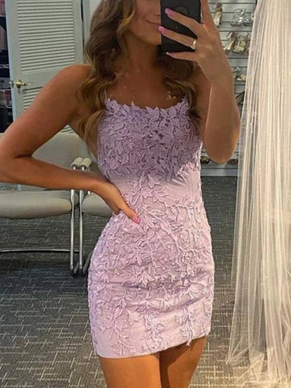 Vintage Light Purple Appliqued Bodycon Design A-line Spaghetti Strap Homecoming Dress TP3755
