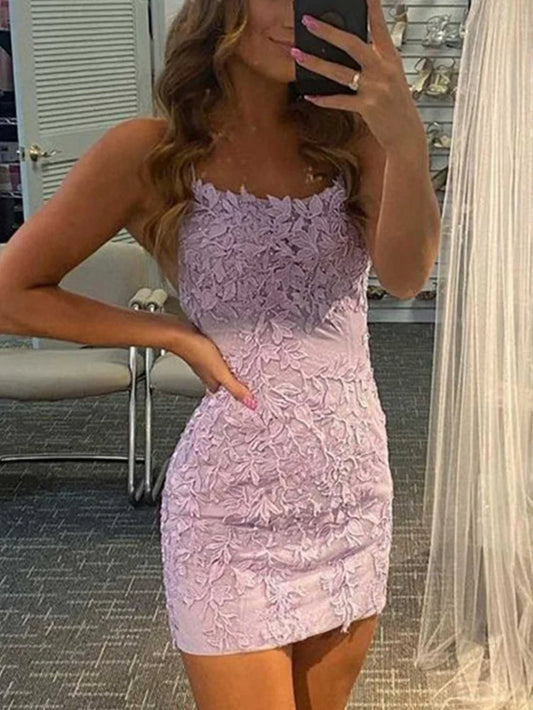 Vintage Light Purple Appliqued Bodycon Design A-line Spaghetti Strap Homecoming Dress TP3755