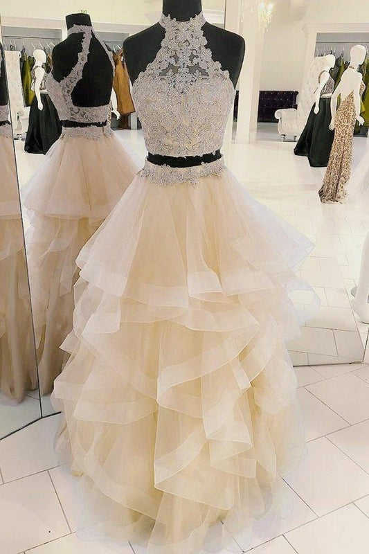 Vestidos de fiesta de dos piezas de encaje color champán con falda de crin, vestido de quinceañera y vestidos de cumpleaños.