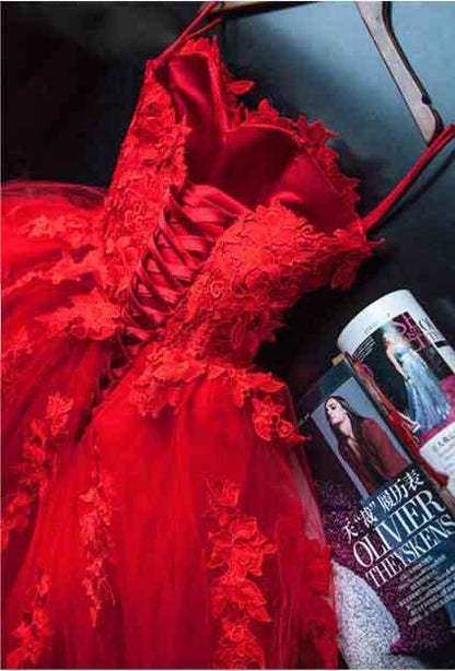 Hermoso vestido de fiesta rojo largo de tul con apliques y escote en forma de corazón sin tirantes, vestidos de fiesta 