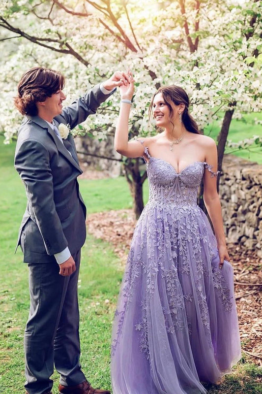 Sky Blue Lace Tulle Long Prom Dresses Off-the-Shoulder A-Line Formal Gown GP536