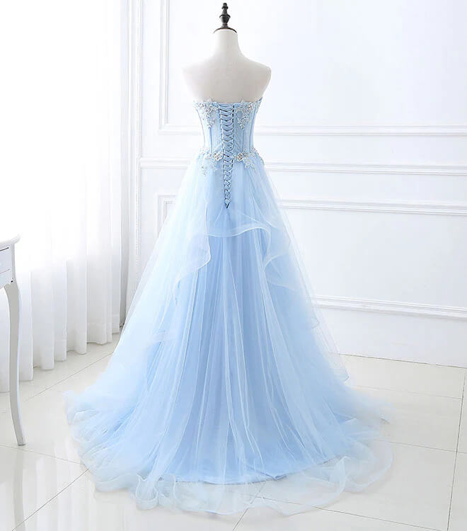 Light Blue Evening Party Dress Ruffled Tulle Long Prom Gown