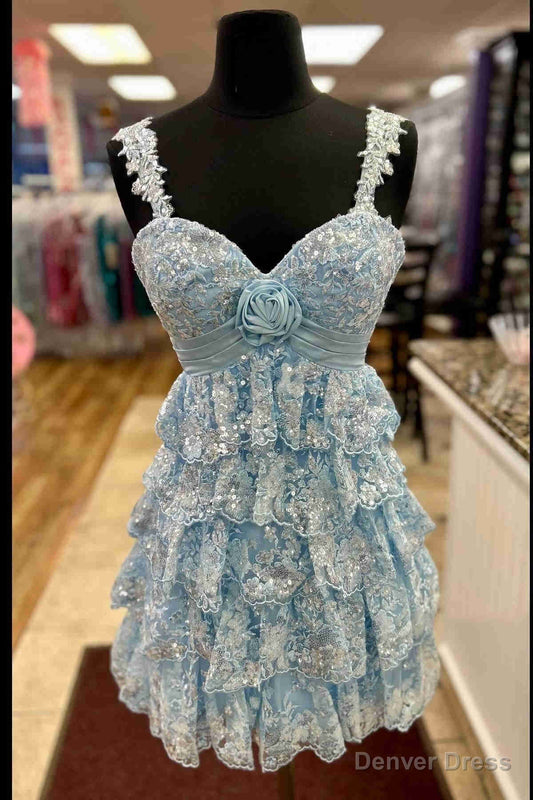 Vintage Light Blue Sequined Beaded Design Sleeveless Tiered Homecoming Dress TP3511