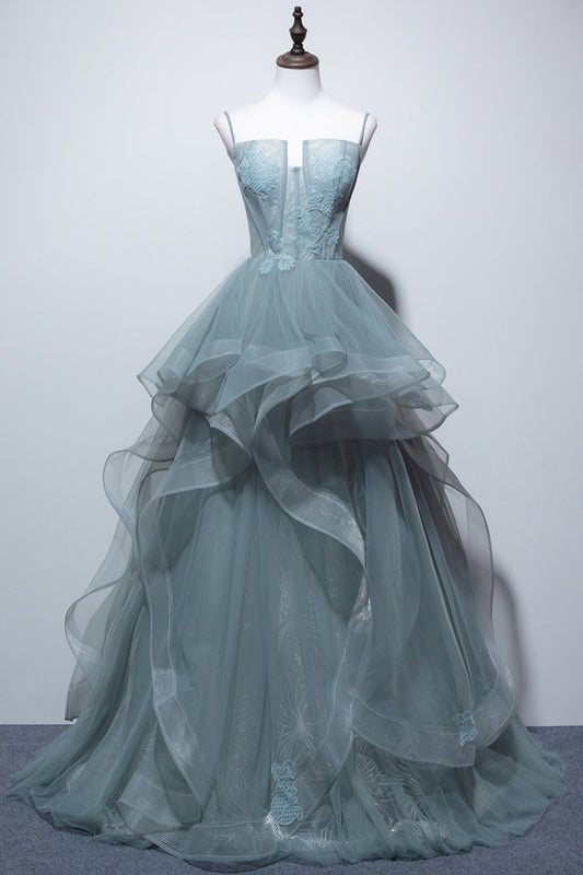 Charming Spaghetti Straps Tulle Dusty Green Long Prom Dress, Glitter Formal Party Dress GP508